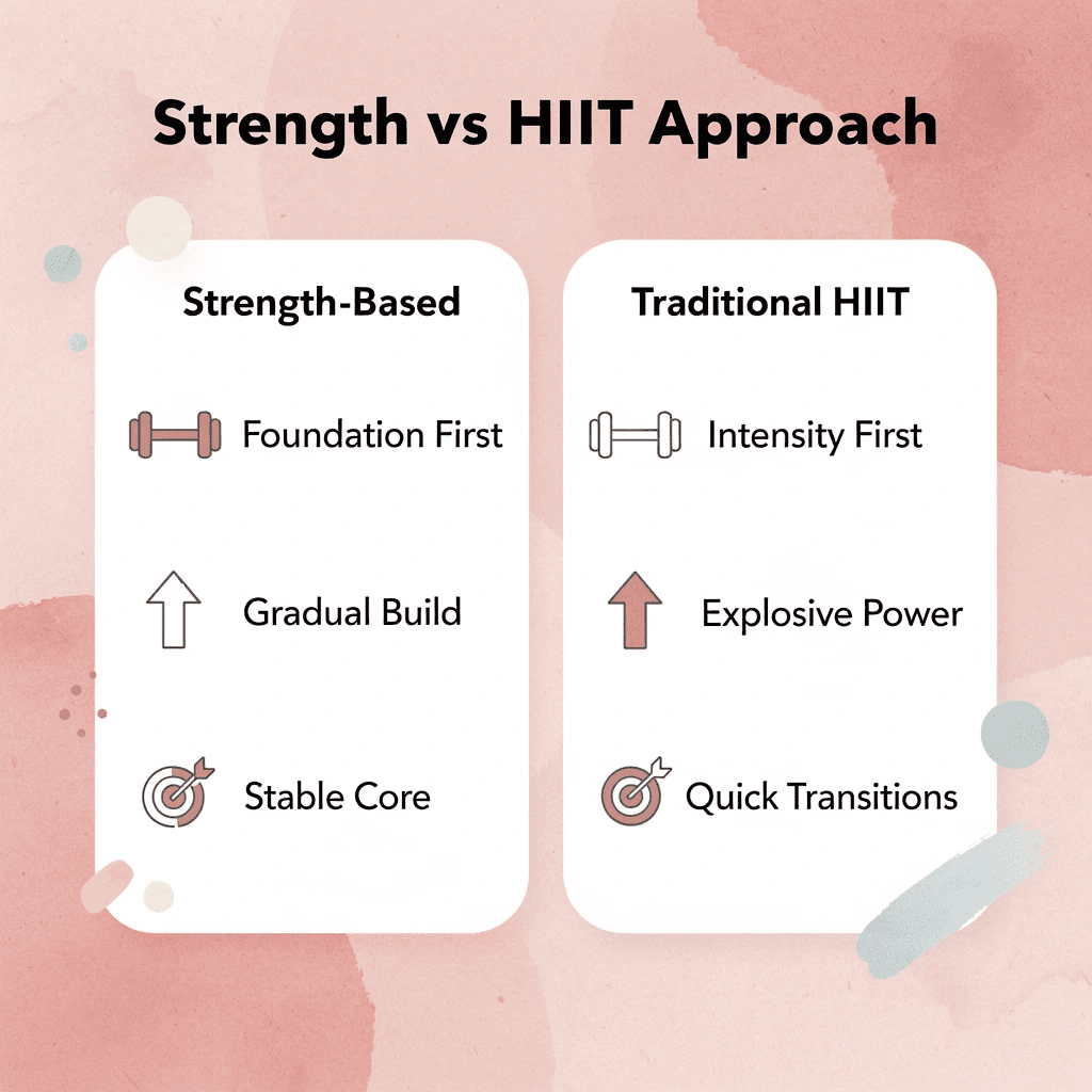 Comparison chart showing differences between strength-based and traditional HIIT approaches