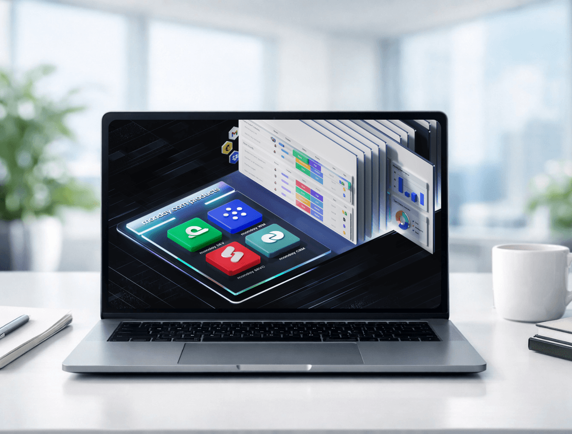 Professional monday.com implementation: An organized project management board with colorful status columns and logo on a laptop in a modern office setting.