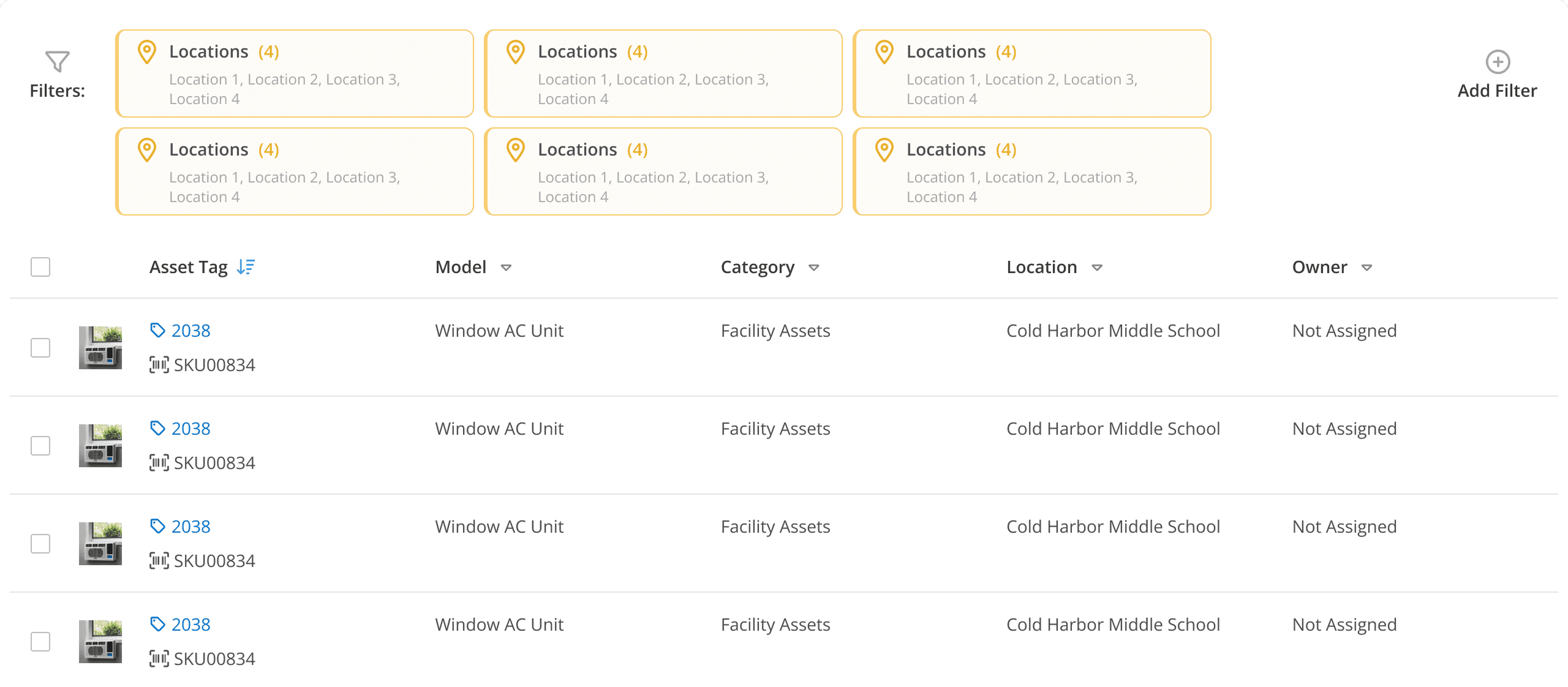 Shared Grid configured for asset records with model, category, location, and owner columns.