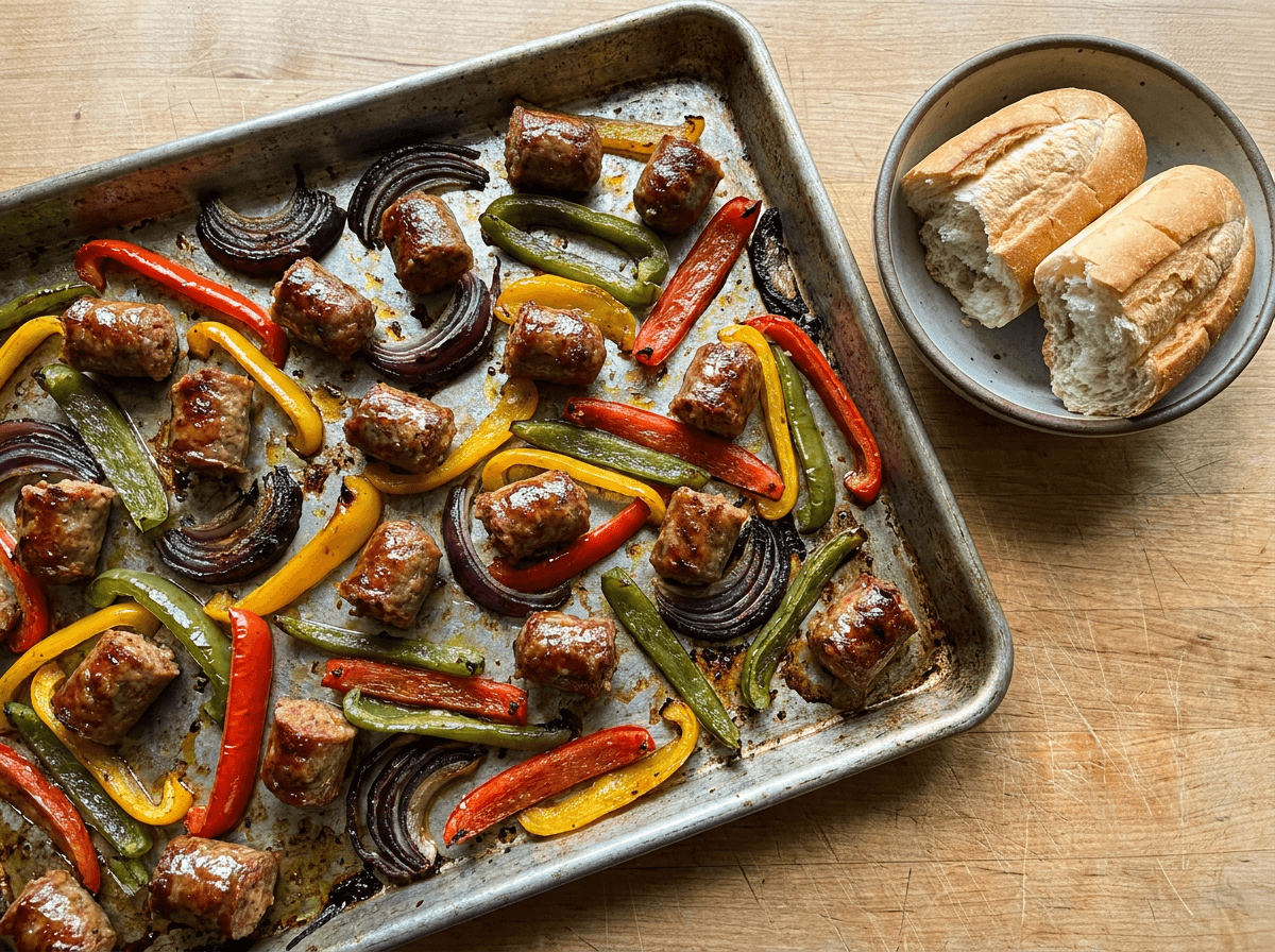 Sheet pan sausage and peppers roasted for an easy dinner recipe