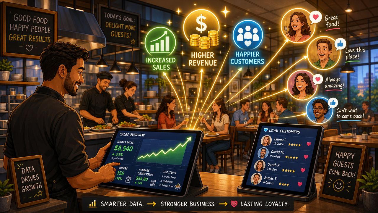 Un camarero observa datos en una tableta en un restaurante animado con clientes satisfechos y gráficos.