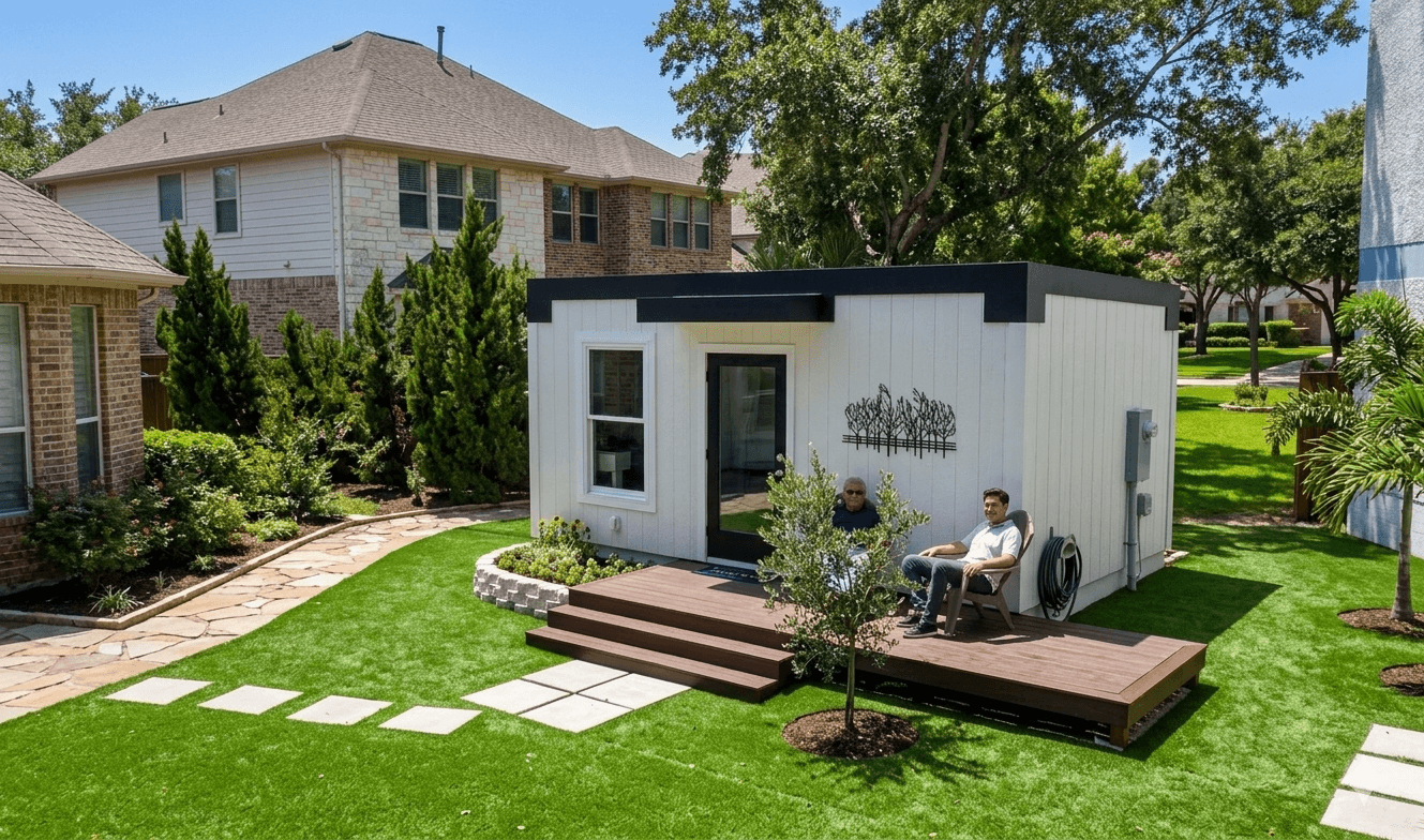 Modern Mesocore modular backyard ADU installed next to a residential garden, illustrating affordable backyard guest house options.