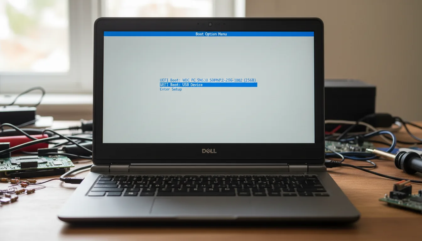 DSLR photograph, straight-on shot of an open Dell Chromebook 11 laptop on a desk. The screen is displaying a BIOS boot manager menu with a light grey background and blue monospaced, terminal-style font. The menu shows a list of boot options with one line highlighted. The laptop has a dark grey rugged plastic chassis with a webcam centered above the screen. Natural indoor lighting with sharp focus on the screen details, the tech-cluttered background is softly blurred.