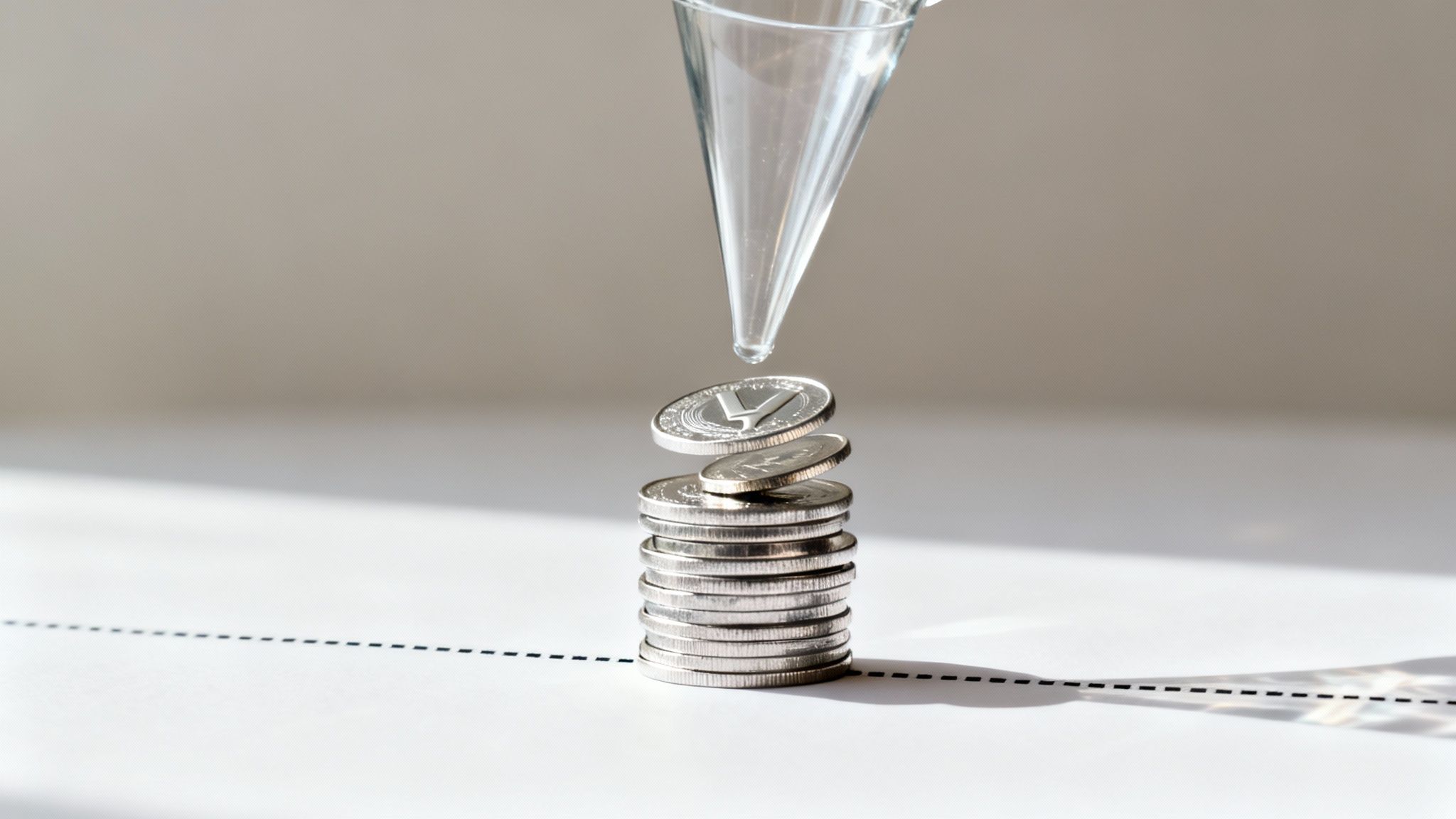 A glass funnel drops silver Japanese Yen coins onto a growing stack, symbolizing financial growth.