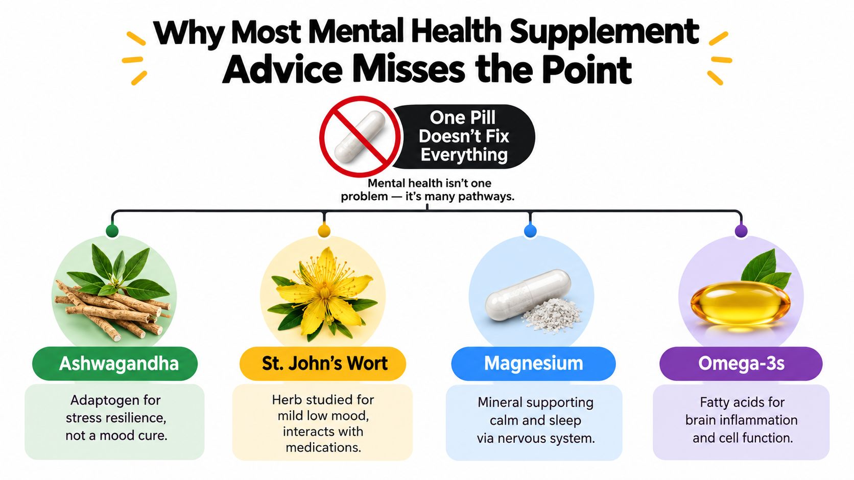 An infographic explaining that mental health supplements vary by function and one pill cannot fix everything.