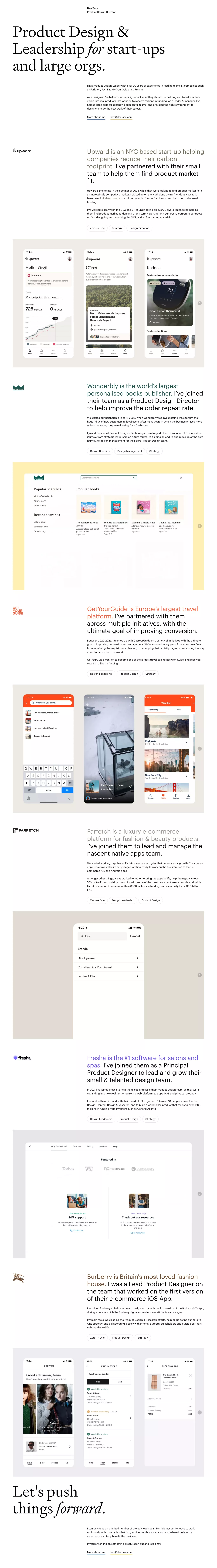 Dan Tase - Product Design Director portfolio page screenshot showcasing Design design