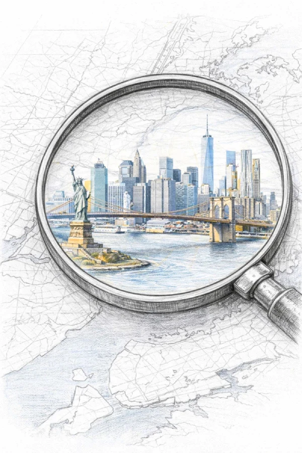 Illustration of a magnifying glass over a map, highlighting New York City landmarks like the Statue of Liberty, skyline, and Brooklyn Bridge. Majestic and iconic.