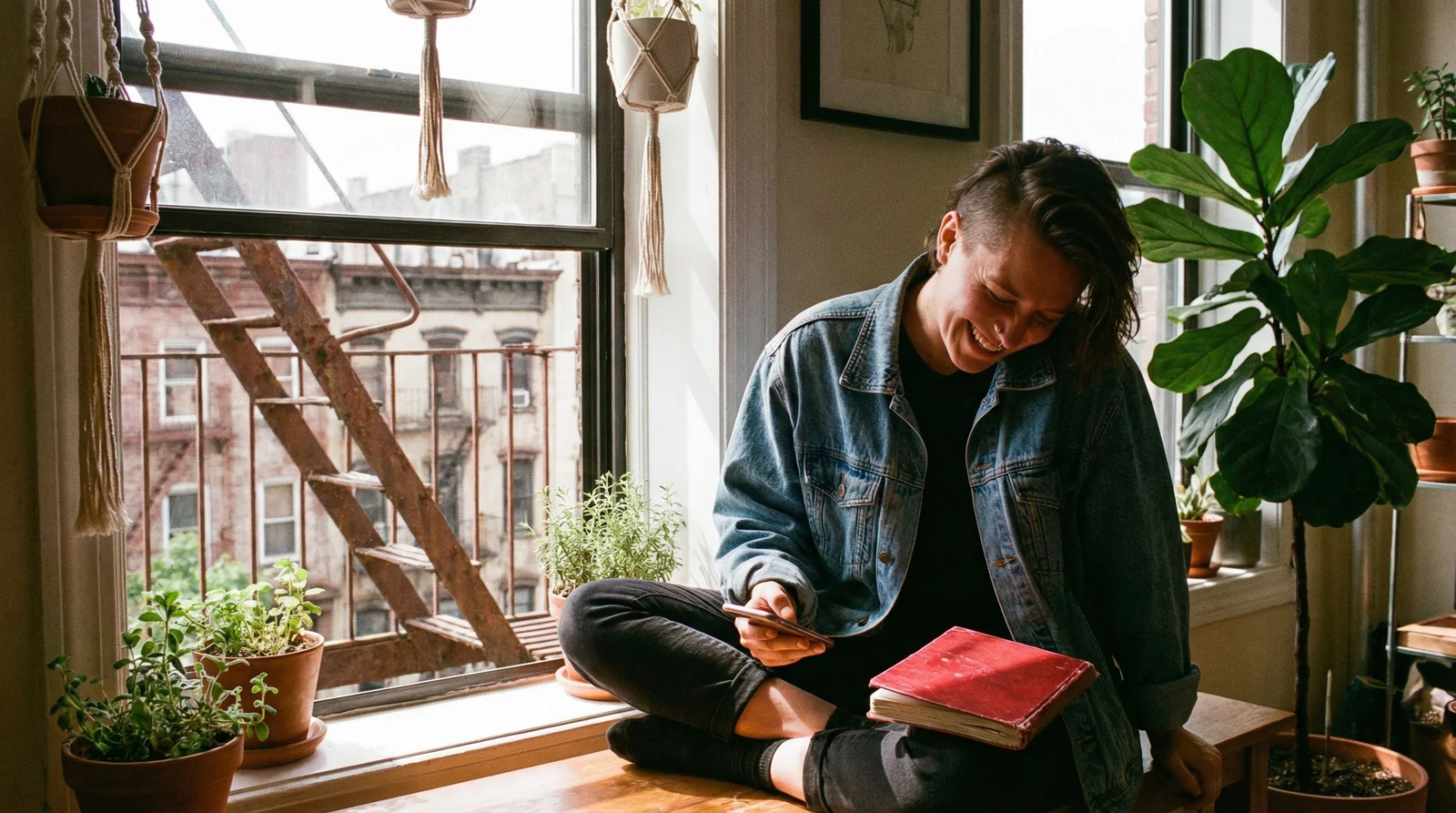 Genuine mid-laugh moment during a recorded conversation, warm and approachable, modern office with glass walls and greenery