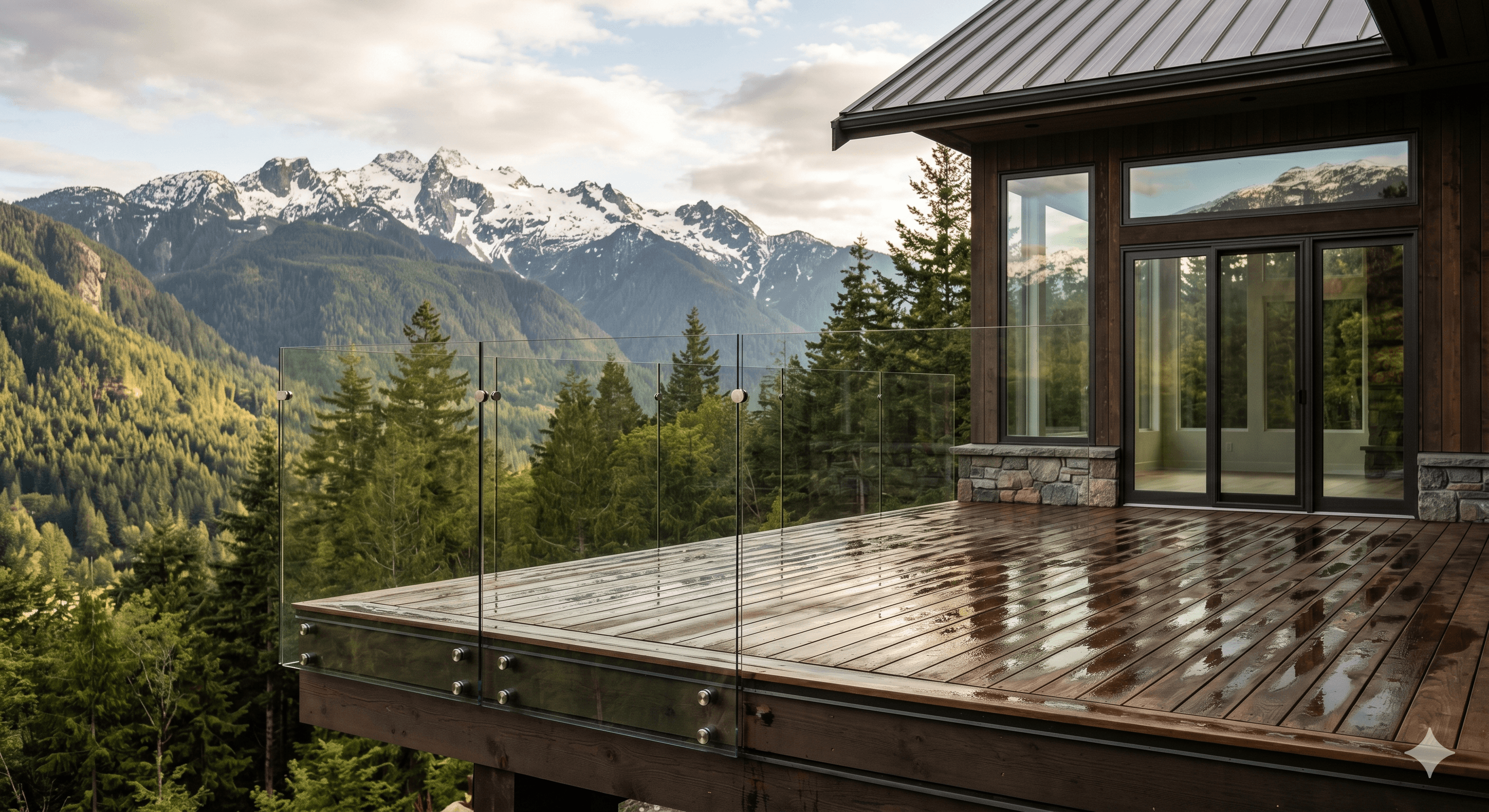 Frameless glass railings on a Squamish mountain home deck with Tantalus Range views.