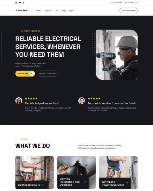 Electria Framer template preview showing hero and services section