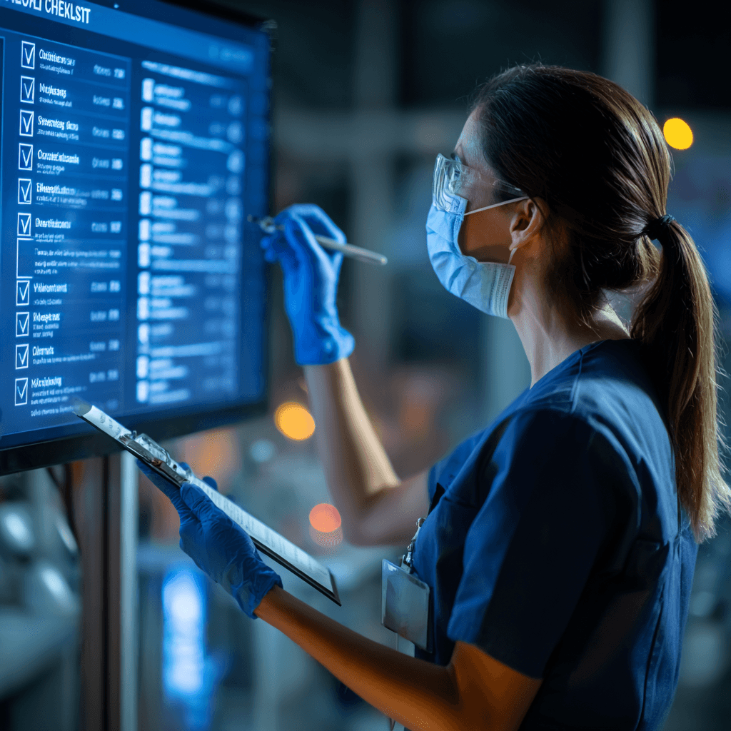 A nurse in scrubs, mask, and gloves, inputs data on a digital checklist using a stylus, conveying precision and focus in a clinical setting.