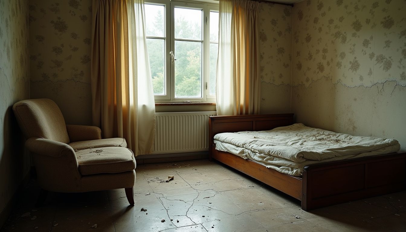 A neglected hotel room displays significant wear and disrepair.