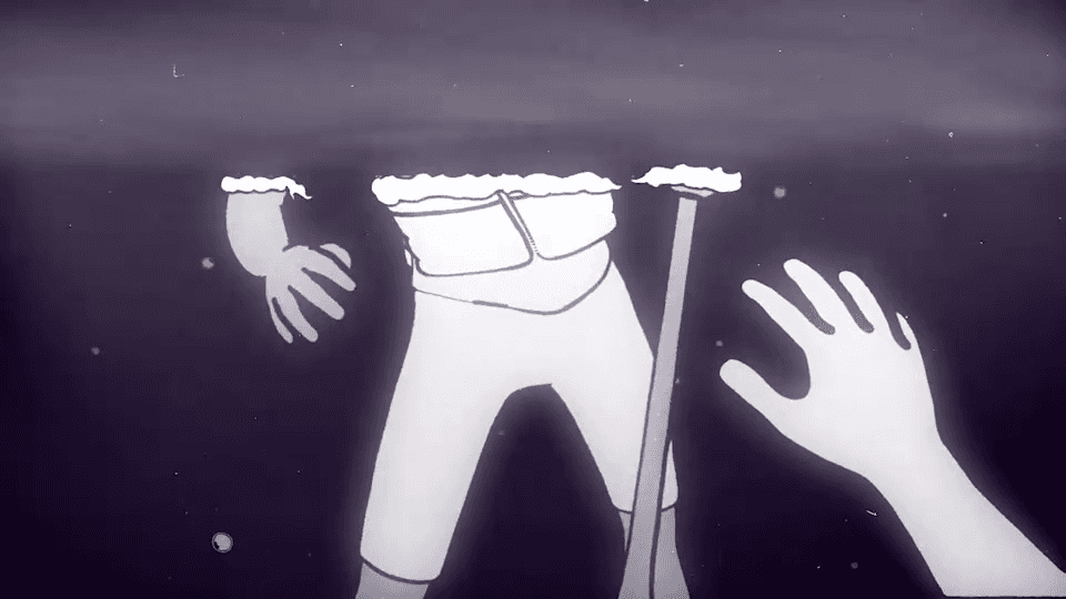 Underwater animation showing submerged kayaker in cold dark water highlighting boating safety risks