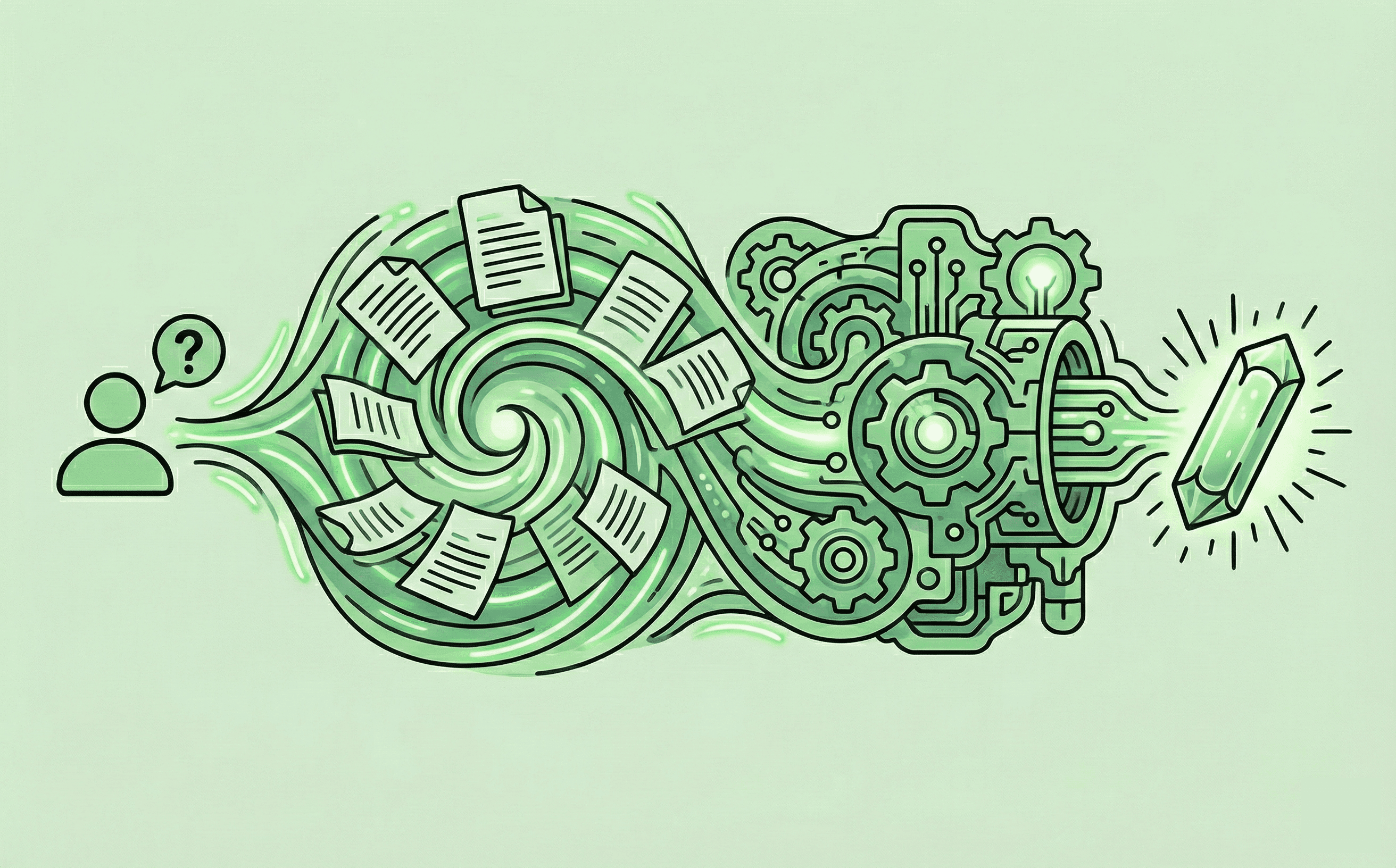 An abstract illustration of a query being augmented by enterprise documents to result in an answer