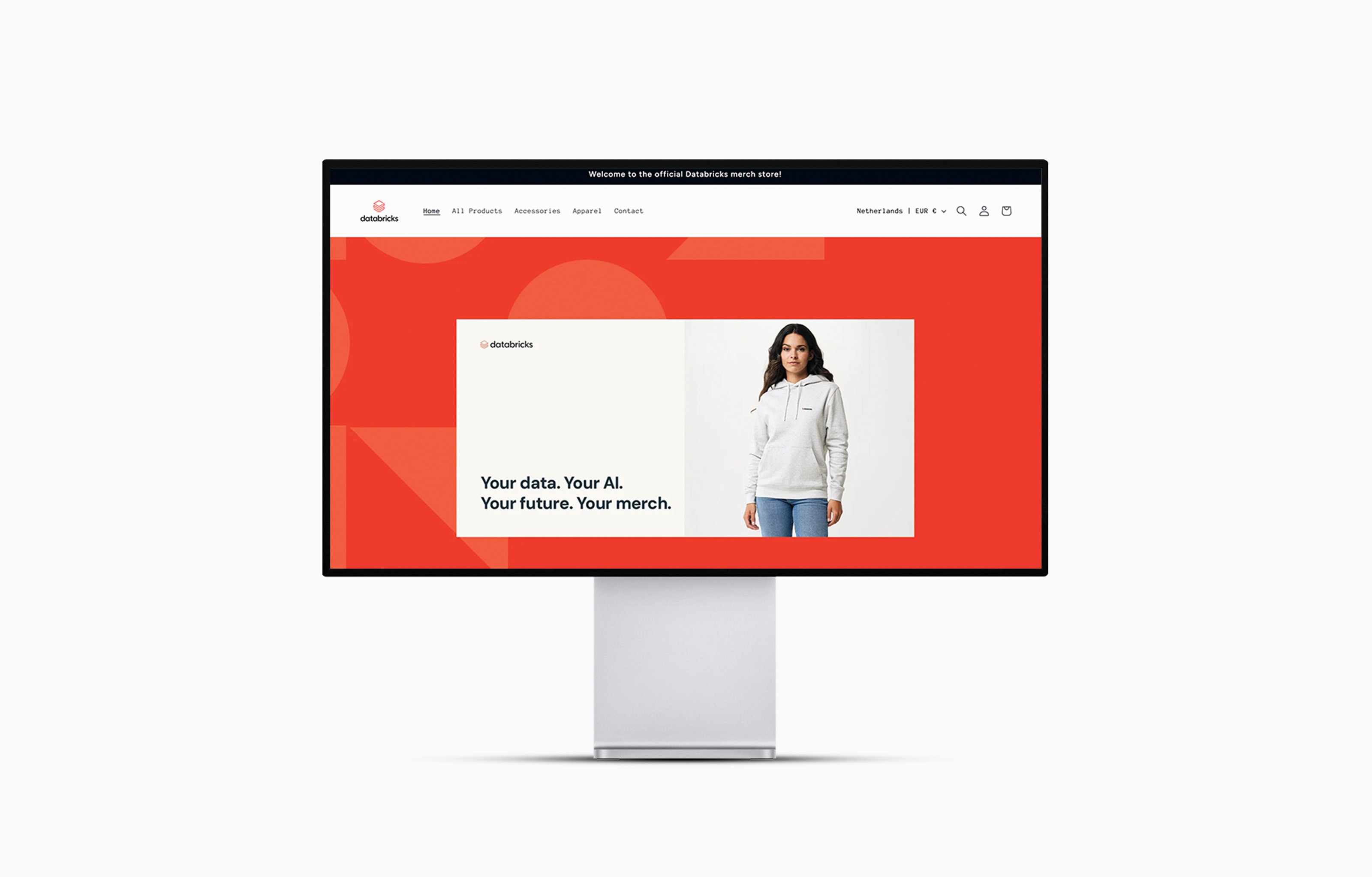 Databricks merchandise site displaying a model in a light sweatshirt with the tagline 'Your data. Your AI. Your future. Your merch.