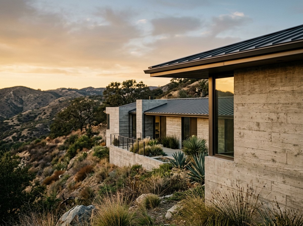 modern concrete house california hillside dusk