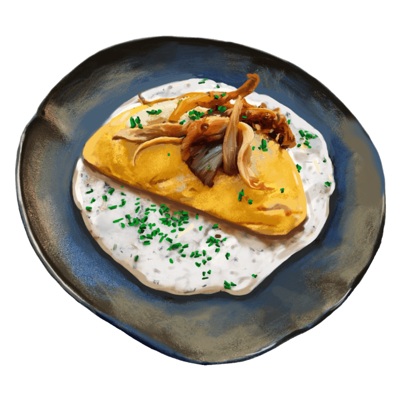 Creamy Mushroom Omelette – omletă cu mix de ciuperci, sos bechamel și chives, la Madrugada Cluj