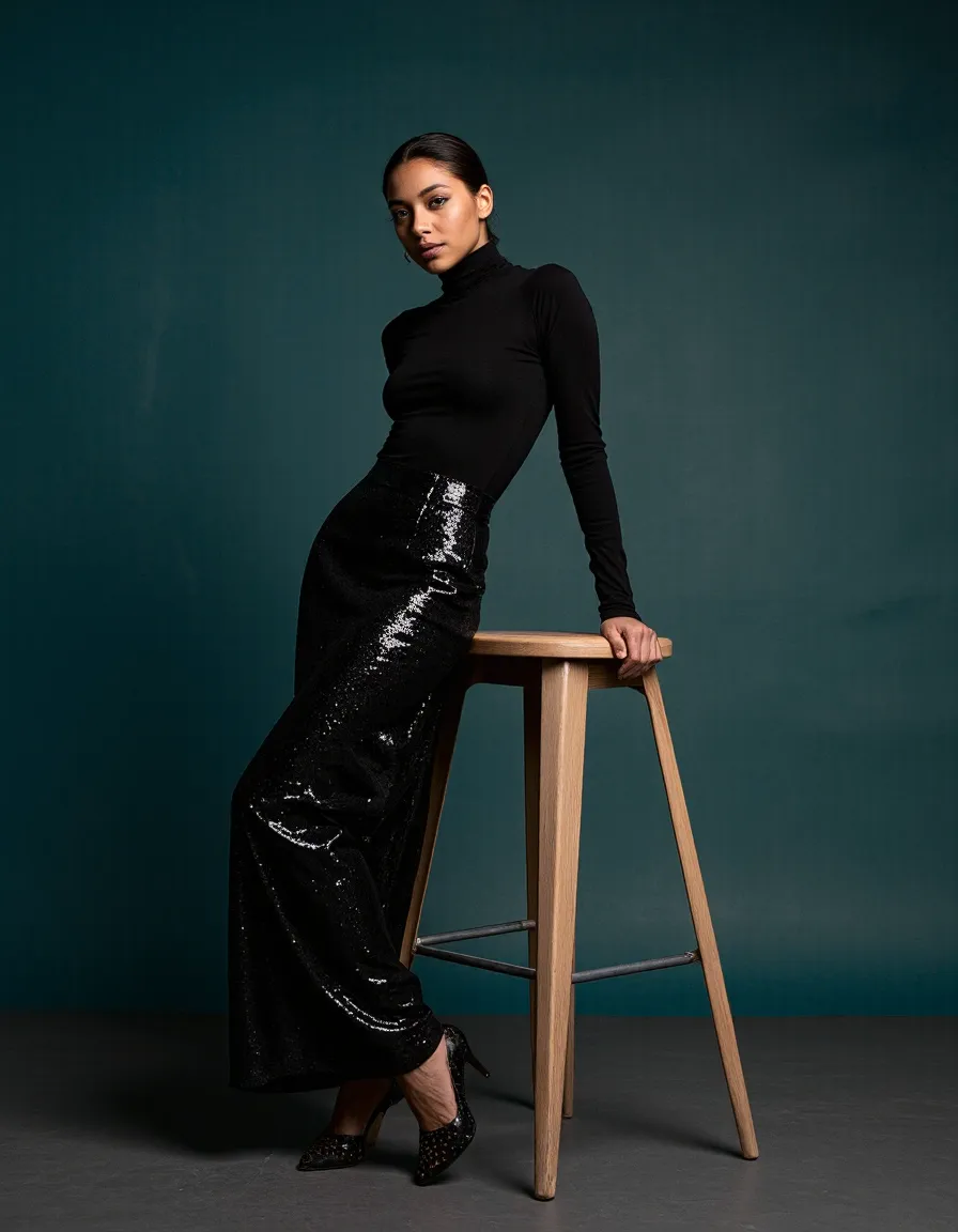 Woman in black turtleneck and sequined pants posing with wooden stool against teal studio background