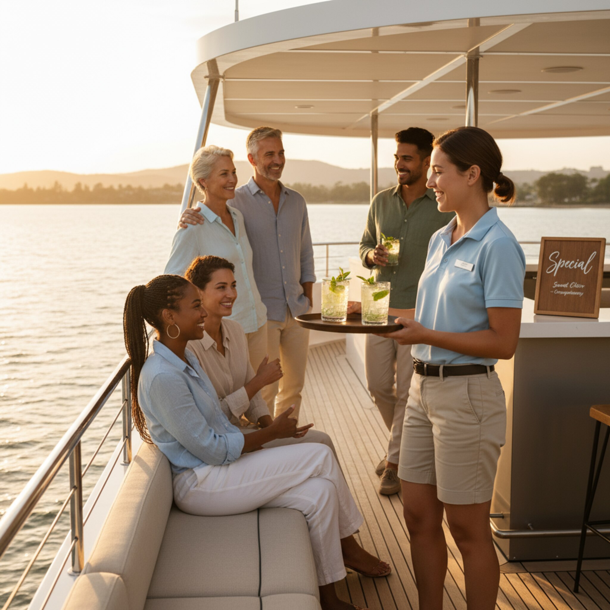 Auf dem Oberdeck reicht ein Crewmitglied einer kleinen Gruppe Tabletts mit Getränken. Eine dezente Beschilderung weist auf ein Special hin. Die Sonne steht tief, das Wasser glitzert. Die Szene vermittelt Wertigkeit und zusätzliche Erlebnisse an Bord.