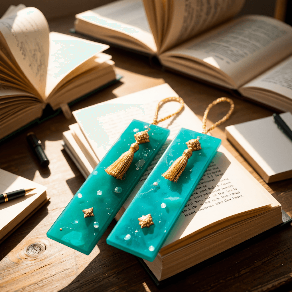 product photography of a pair of decorative bookmarks with a resin finish