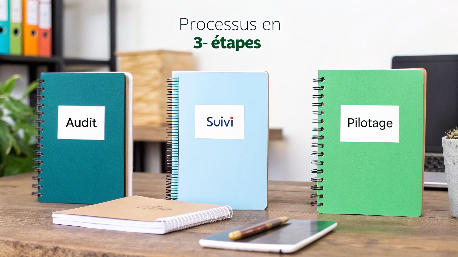 Trois cahiers à spirale sur un bureau, symbolisant un processus en 3 étapes : Audit, Suivi, Pilotage.