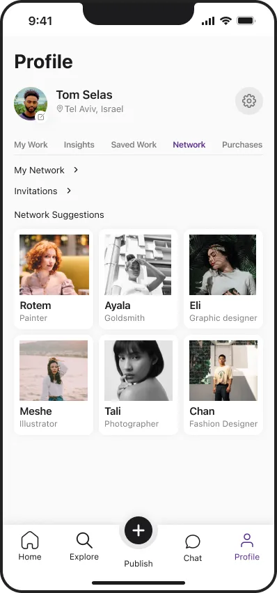 artyshock mobile app my network screen