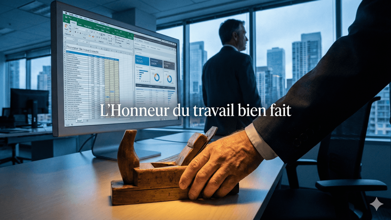 Gros plan sur une main d’artisan travaillant une pièce de bois sur un établi, devant un écran d’ordinateur dans un bureau vitré.