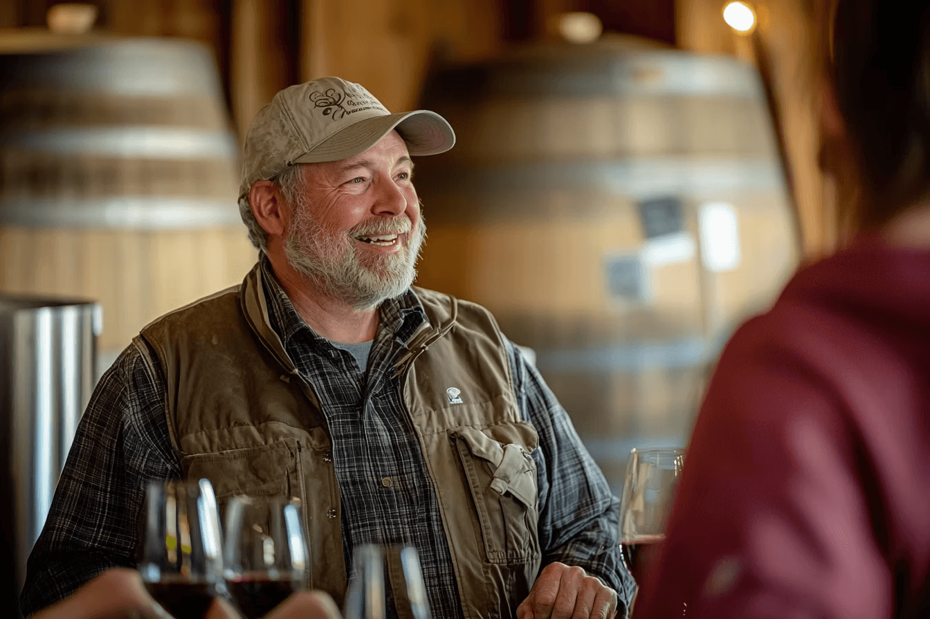 A winemaker sharing stories about the region's history and traditions with engaged visitors