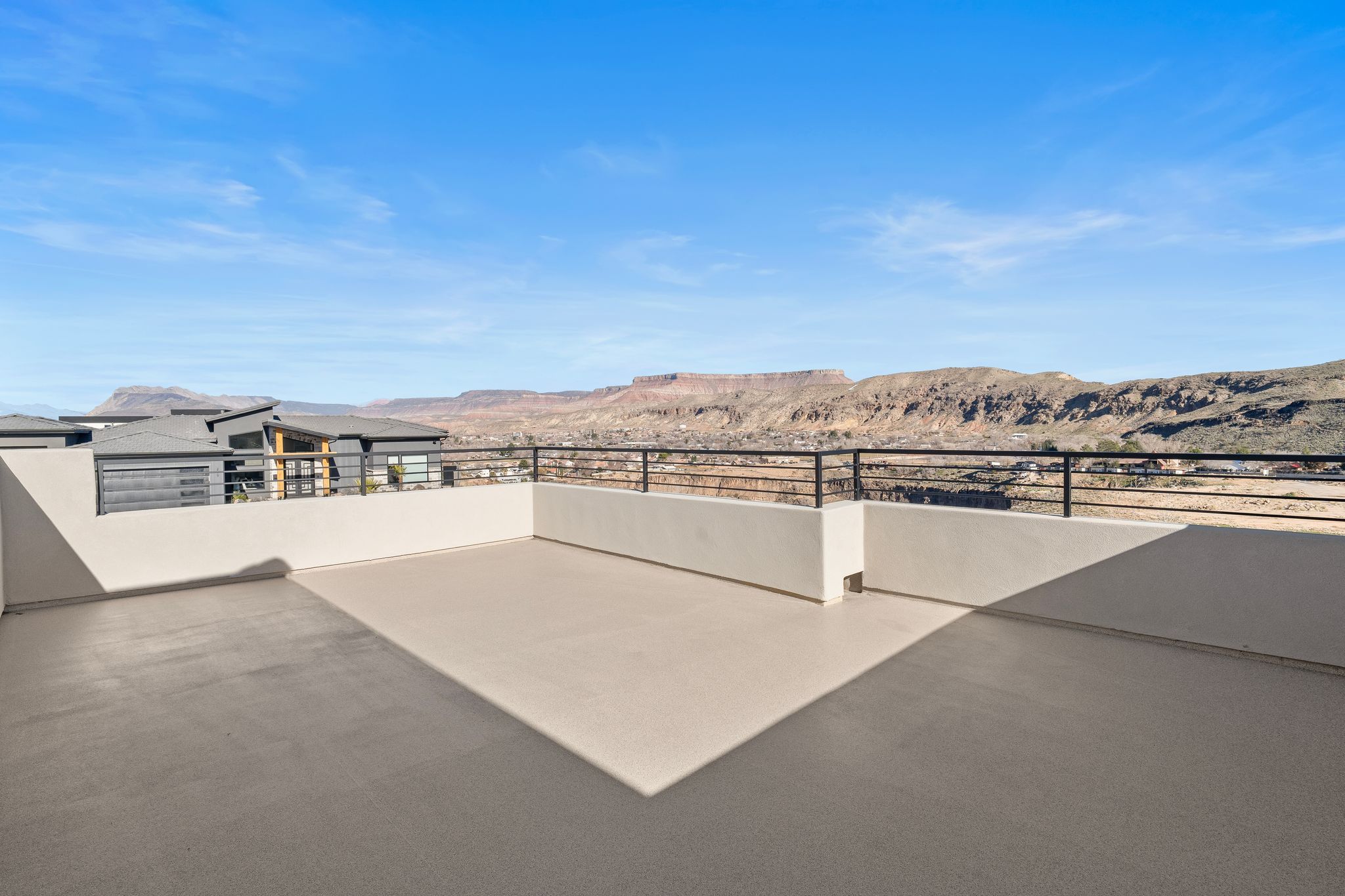 Rooftop deck at The View at Falcon Ridge in Hurricane, Utah, with hookups for a hot tub and sweeping valley and mountain views.