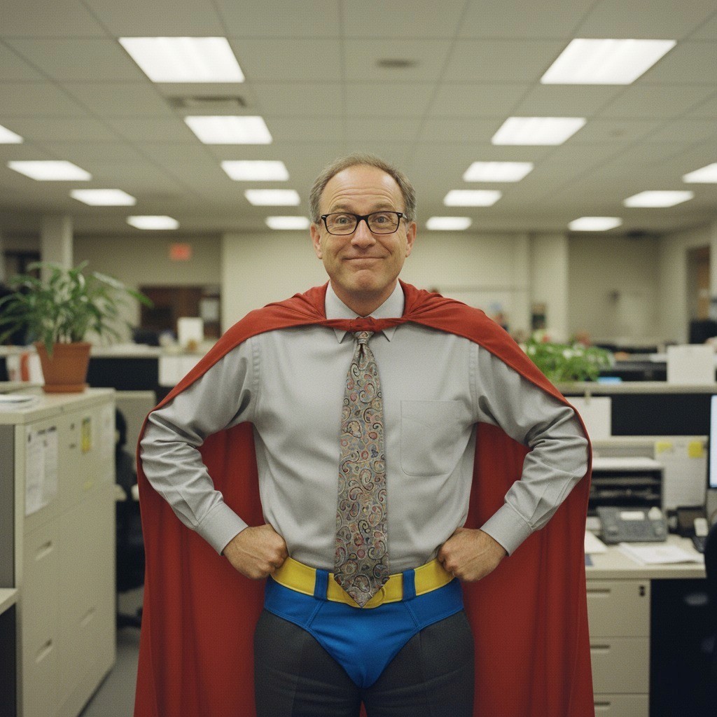 Professional Paymasters payroll consultant in red blazer standing confidently in modern office with payroll power message