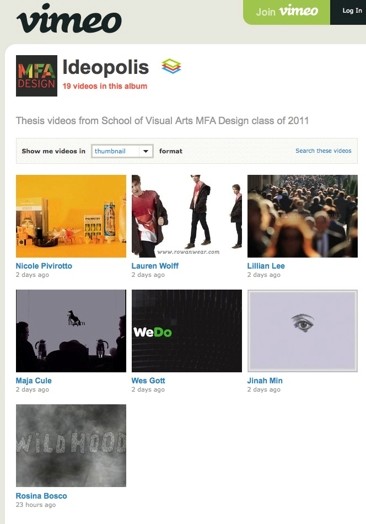 vimeo screenshot of a list of videos