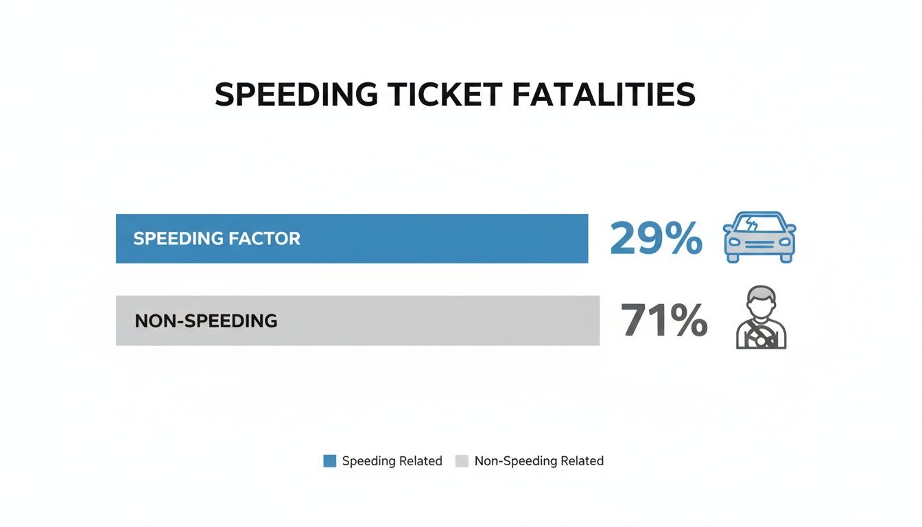 Bar chart illustrating speeding ticket fatalities, showing 29% are speeding-related and 71% non-speeding related.