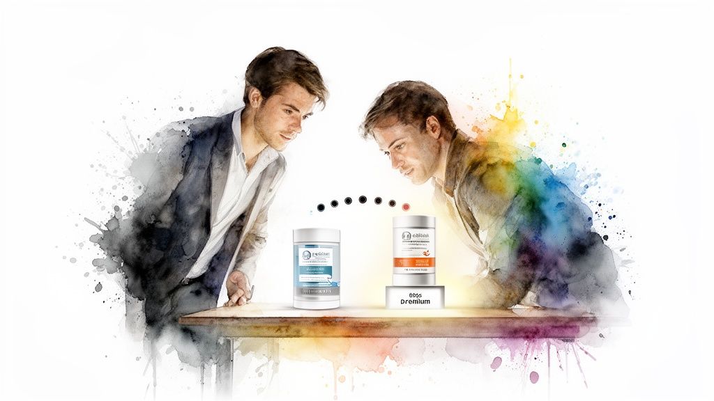 Two men, in a watercolor style, compare two product containers on a table with 'eeos premium' branding.