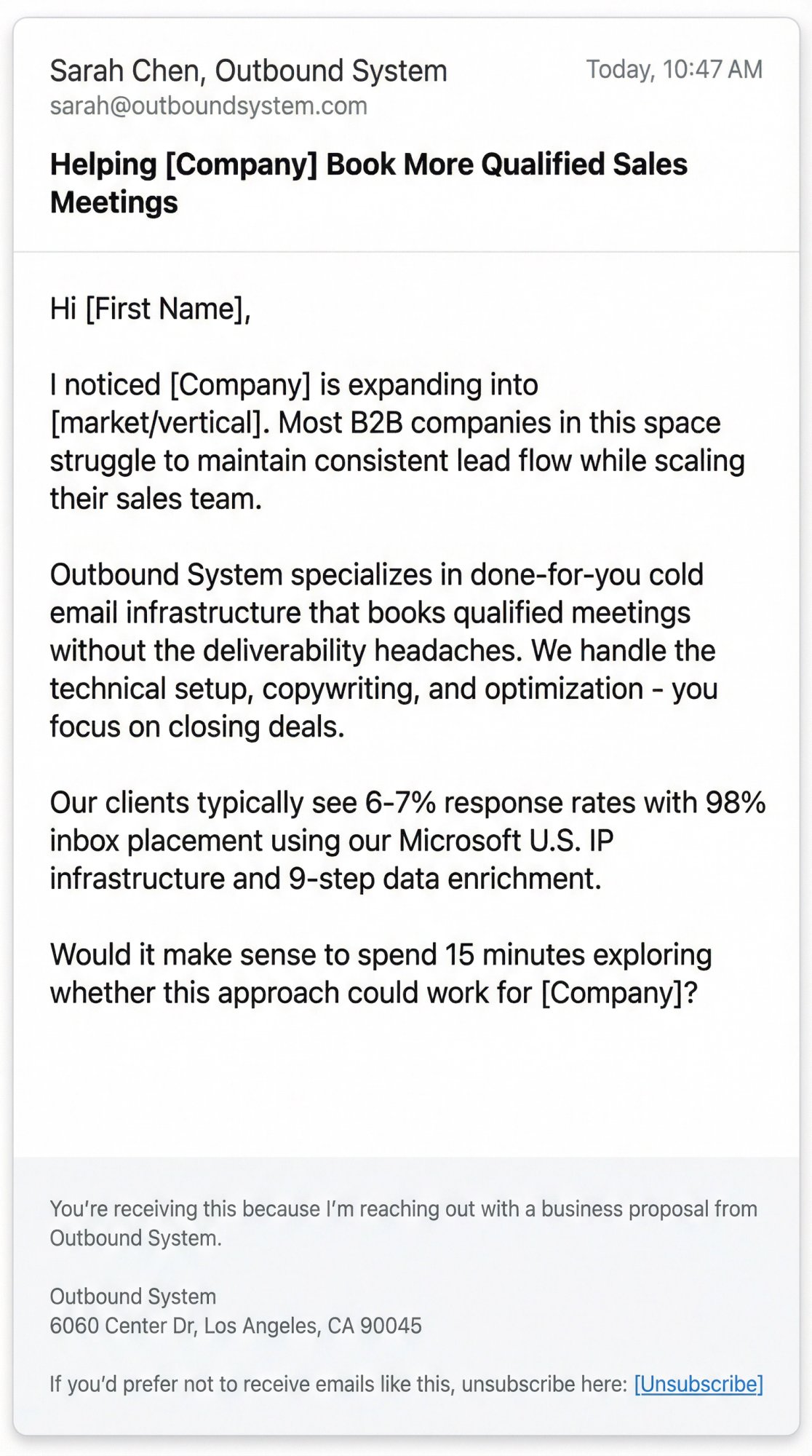 Professional cold email template showing all required CAN-SPAM compliance elements in context