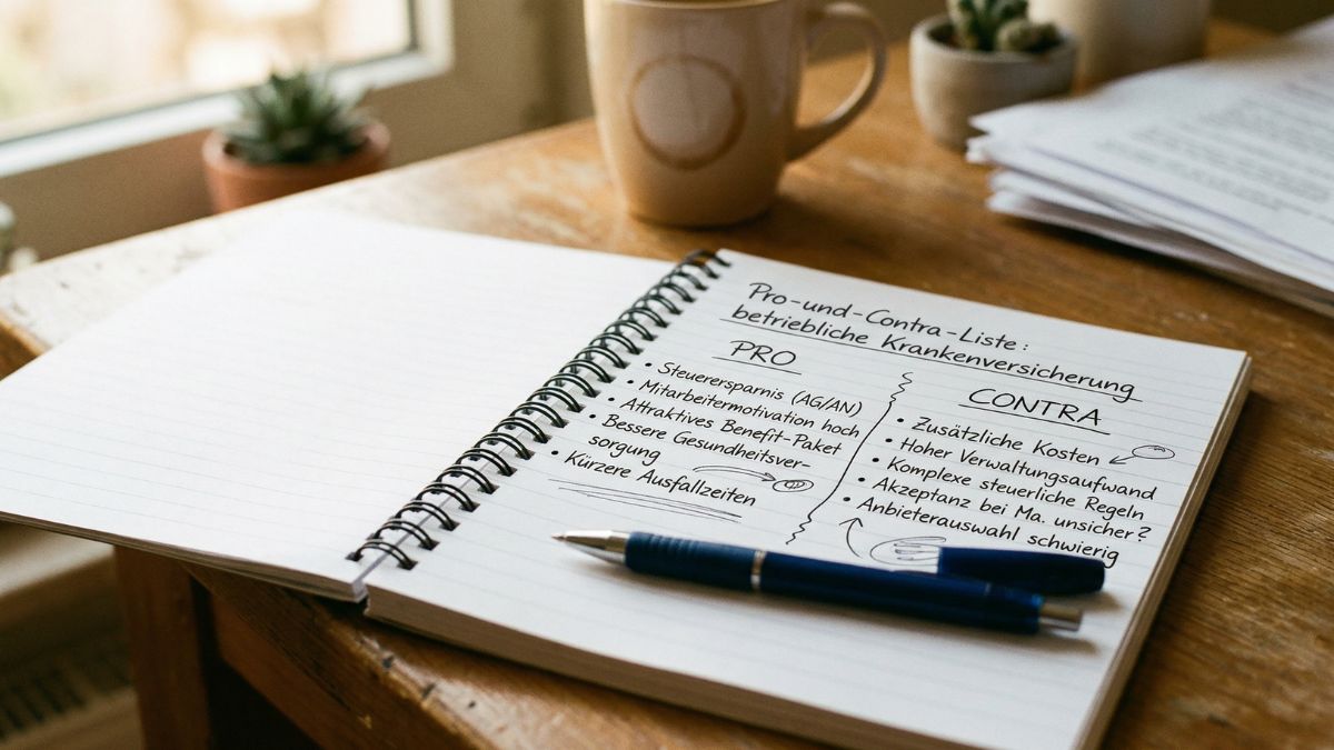 Pro-und-Contra-Liste auf einem Notizblock zur betrieblichen Krankenversicherung	