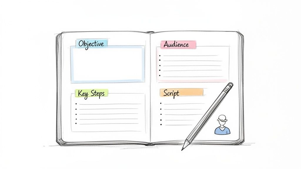 A hand-drawn illustration of an open notebook showing planning sections for Objective, Key Steps, Audience, and Script.