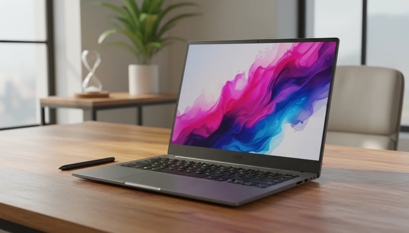 DSLR photograph of a charcoal grey ASUS ProArt Studiobook laptop, open and angled on a warm wooden desk in a bright, modern office. Soft, natural daylight streams from a window, highlighting the laptop's matte texture. The screen displays a vibrant, fluid abstract wallpaper of swirling magenta, pink, and royal blue. The background is softly blurred with a shallow depth of field, showing a glass hourglass on a small wooden shelf and a green houseplant by the window.