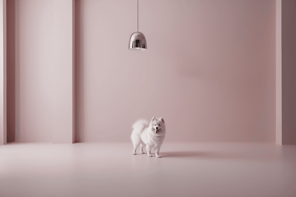 white dog standing below the lamp
