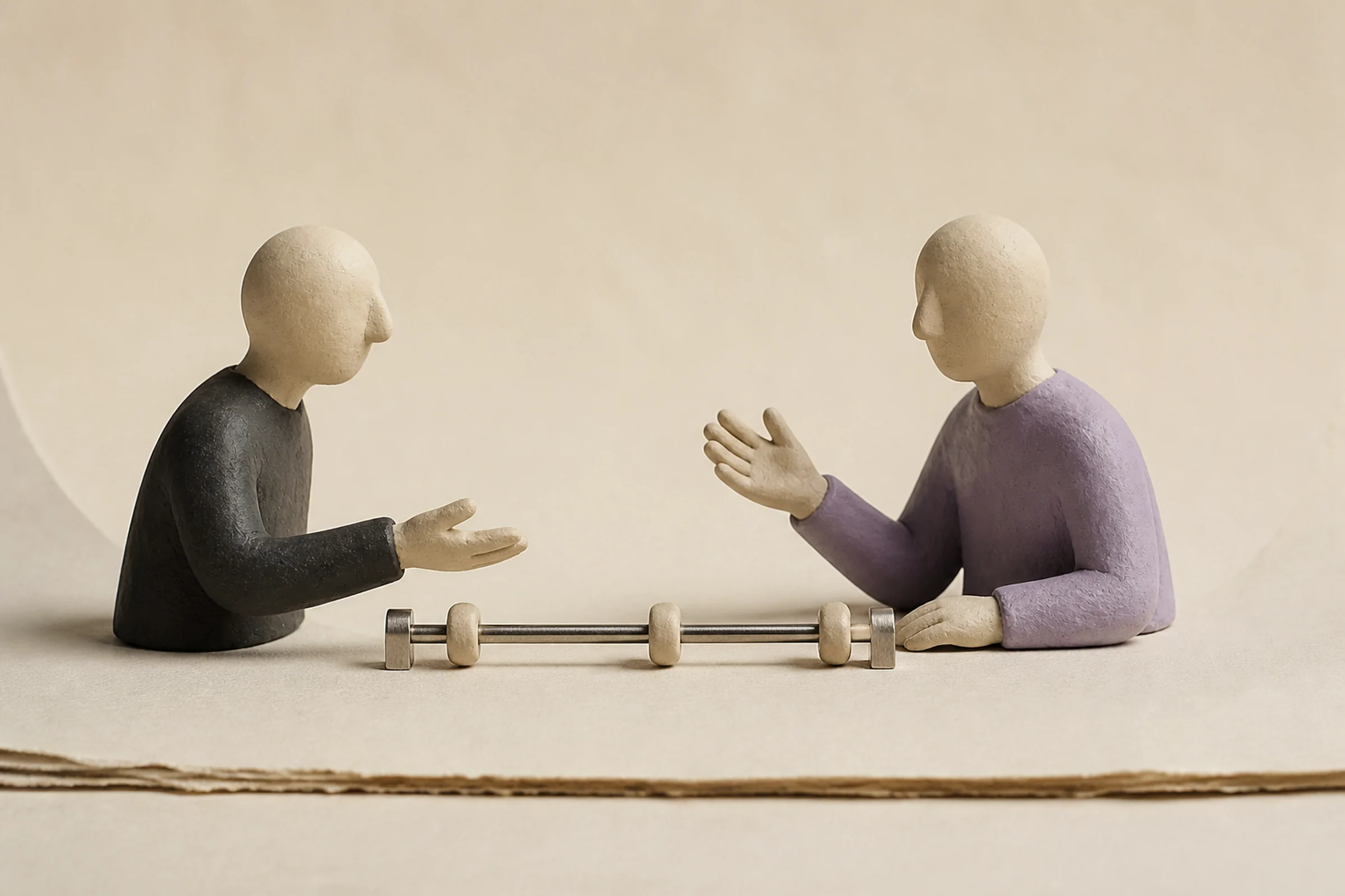 Two clay characters face each other across a miniature stage while movable markers divide the space between their speaking turns.