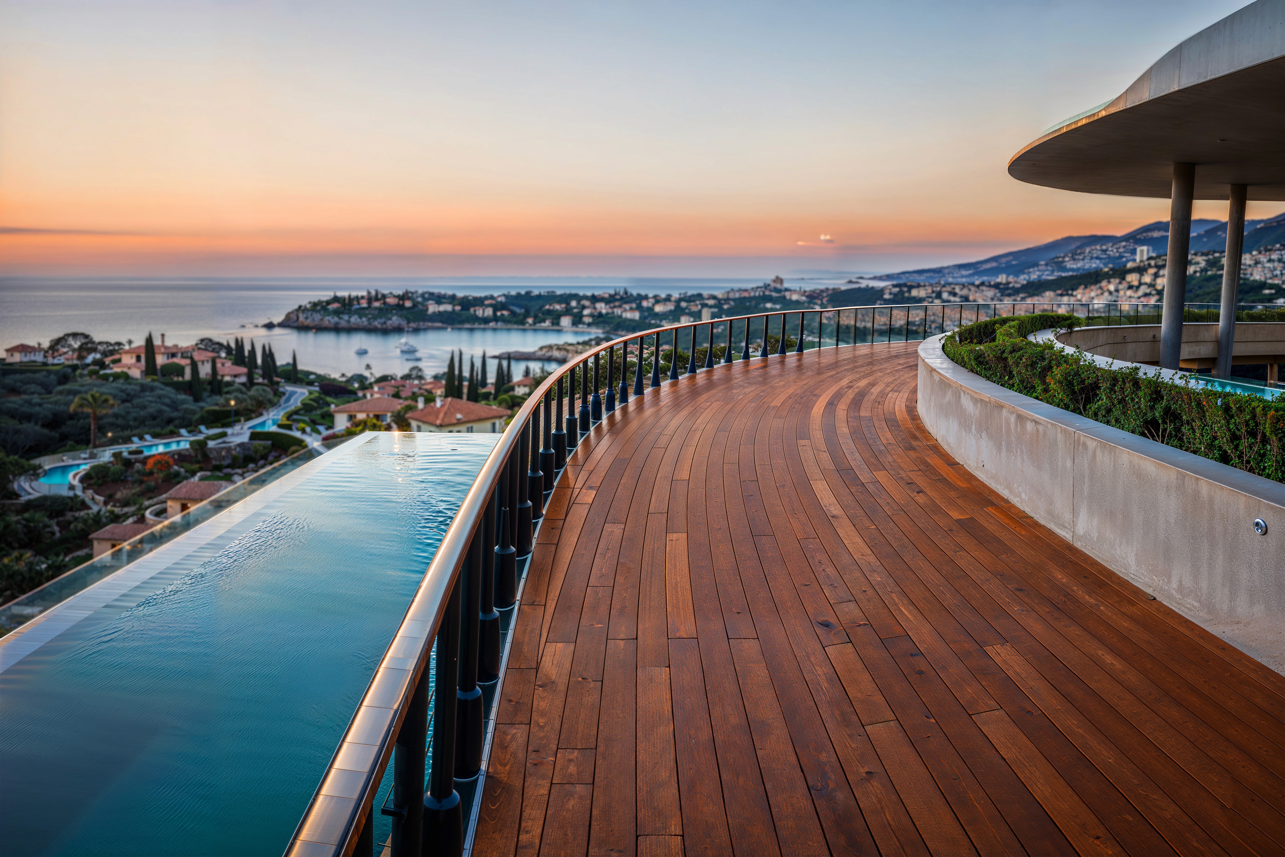 nfinity pool blending into the ocean view, minimalist sun loungers in soft neutral fabric, curved architecture