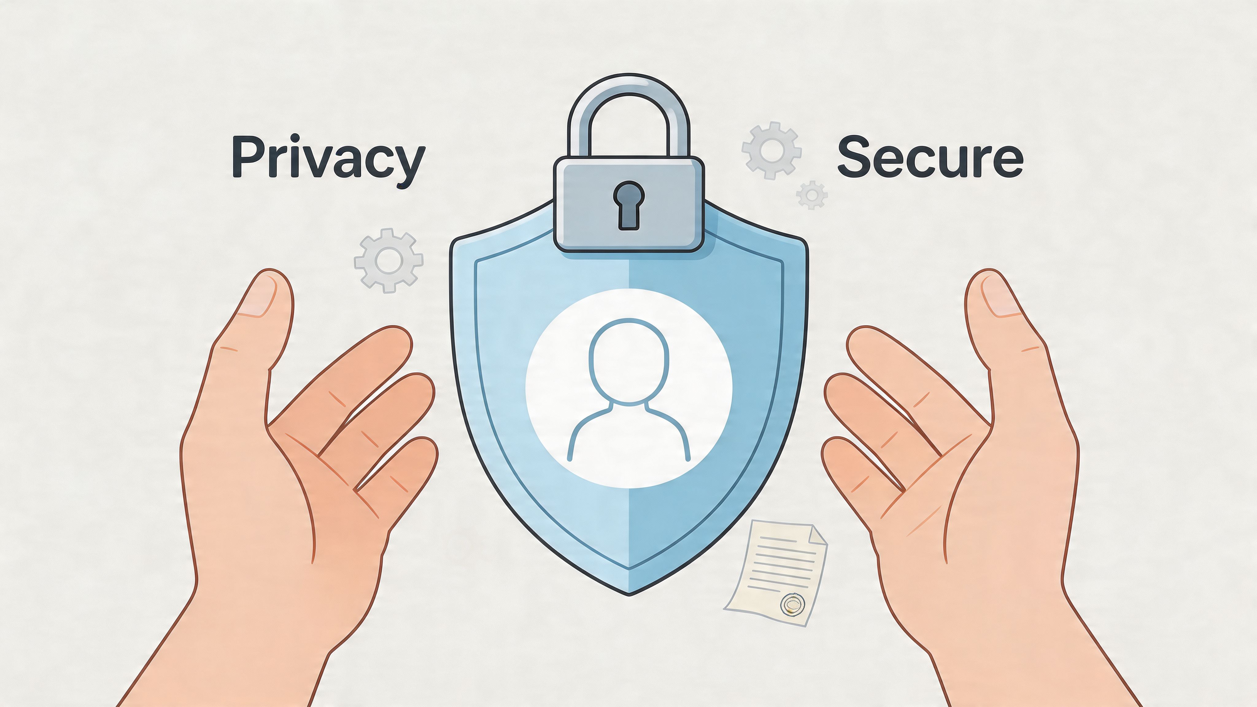 Two hands framing a blue shield with a lock and a person icon representing privacy and security.