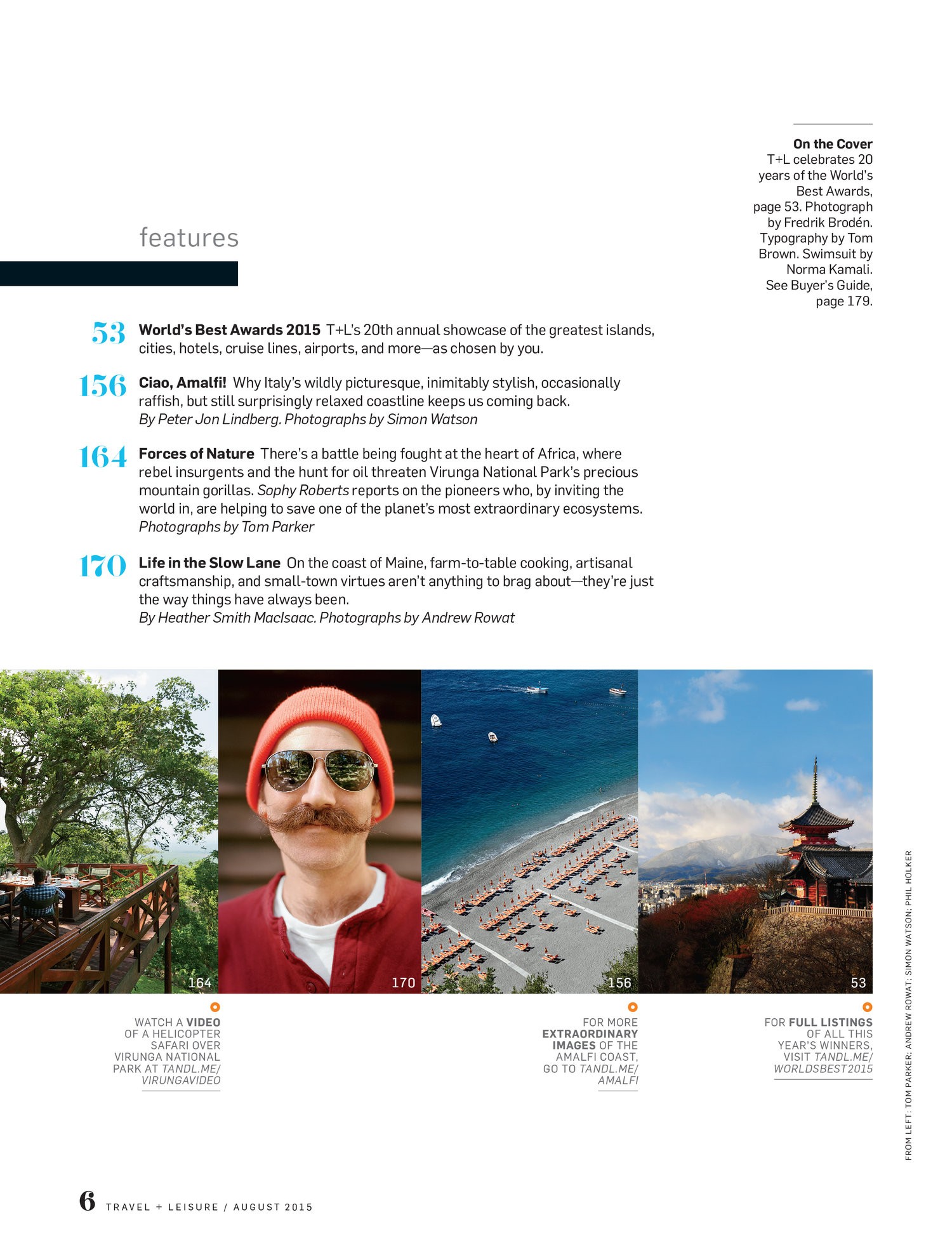 A table of contents page with 4 images featuring a view of Virunga National Park from an outdoor restaurant, a man with sunglasses with a salmon color beanie, an aerial view of a beach in Amalfi, and a temple in Japan