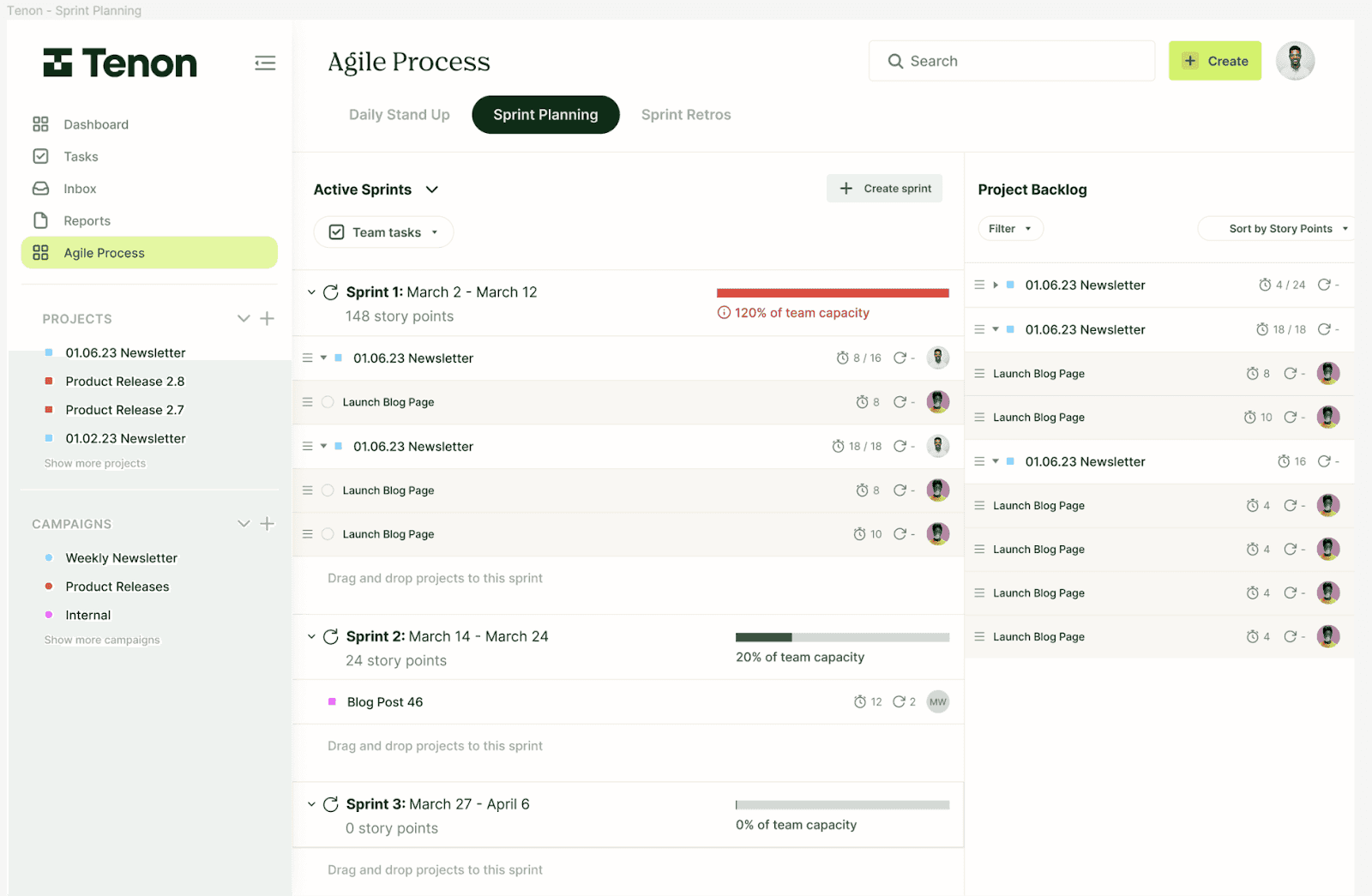 Agile automation settings of marketing sprints on Tenon