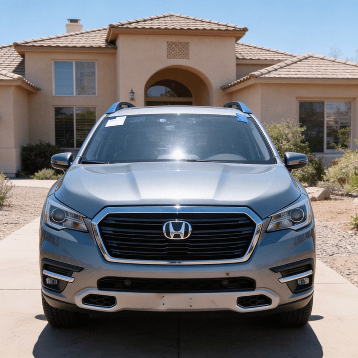 Bang AutoGlass‑serviced silver SUV parked in a Phoenix driveway in front of a house after a completed front windshield replacement.
