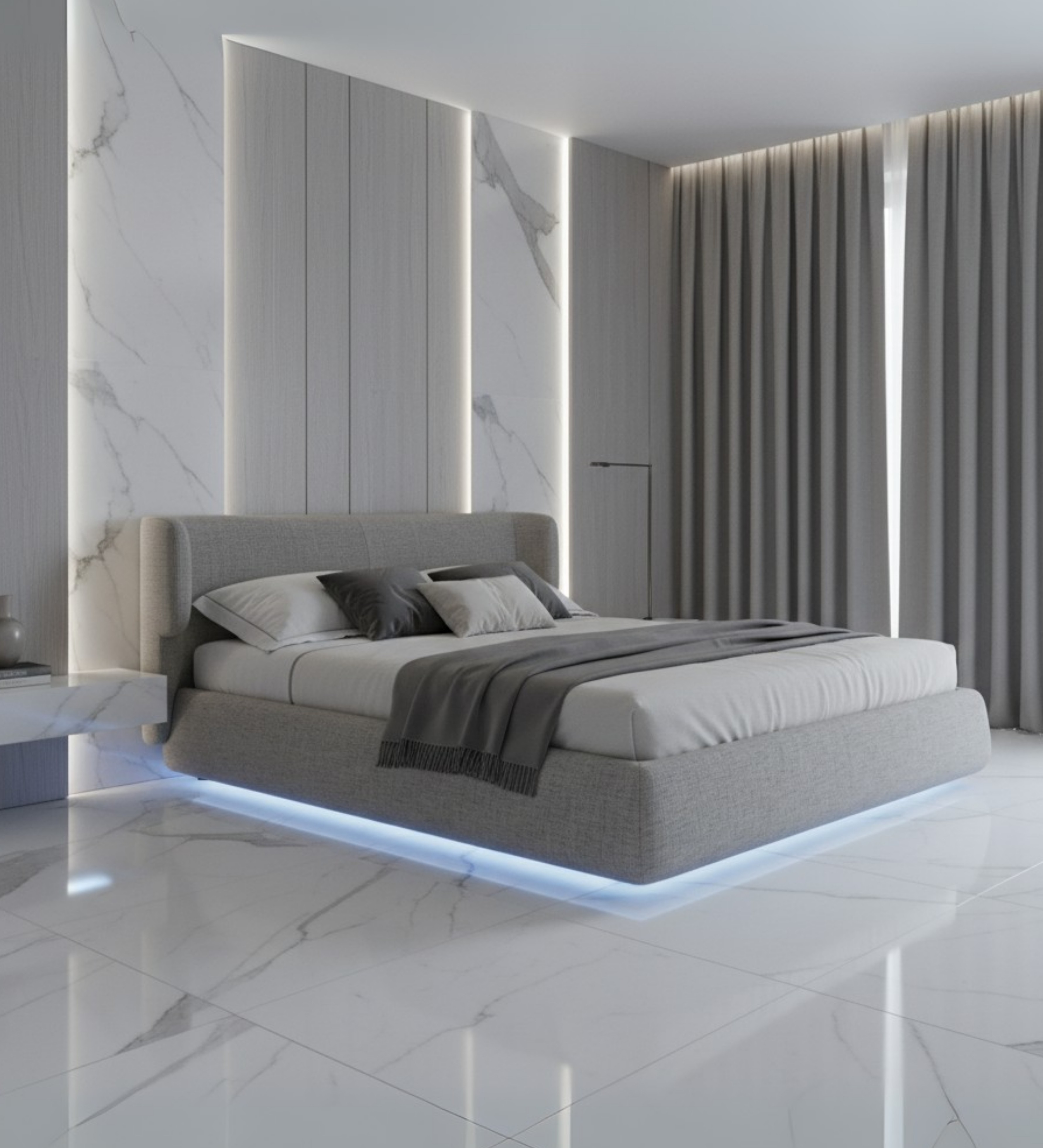 Soft upholstered bed with round edges and cushioned layers.