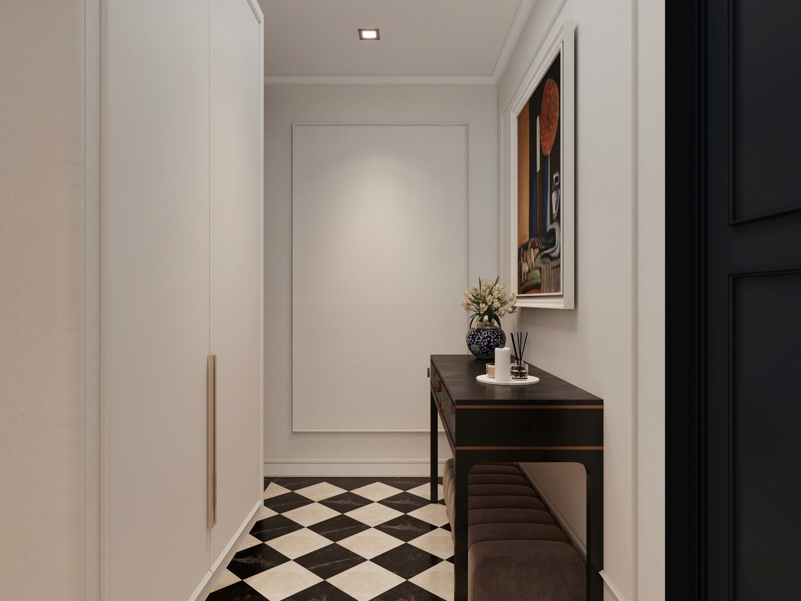 Functional and elegant hallway at Mount Pavilia with floor-to-ceiling white storage and a slim dark console table for aesthetic utility.