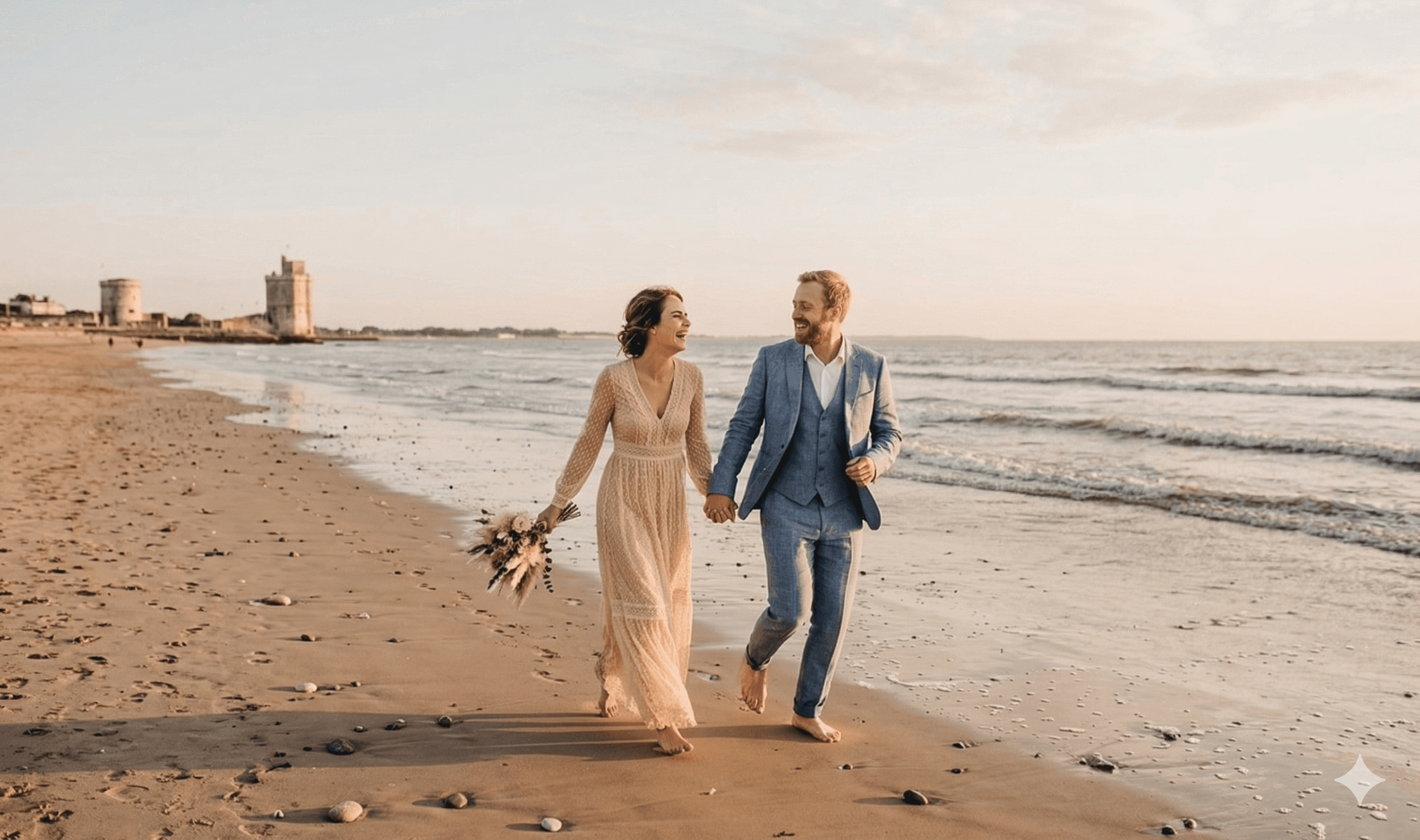 A couple embraces lovingly on a wooden dock.