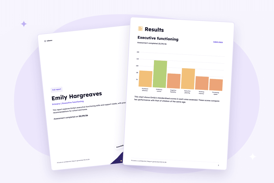 Pages from Talamo’s sample Executive Function report for Emily Hargreaves, a fictional primary pupil: the cover and her executive functioning results chart.