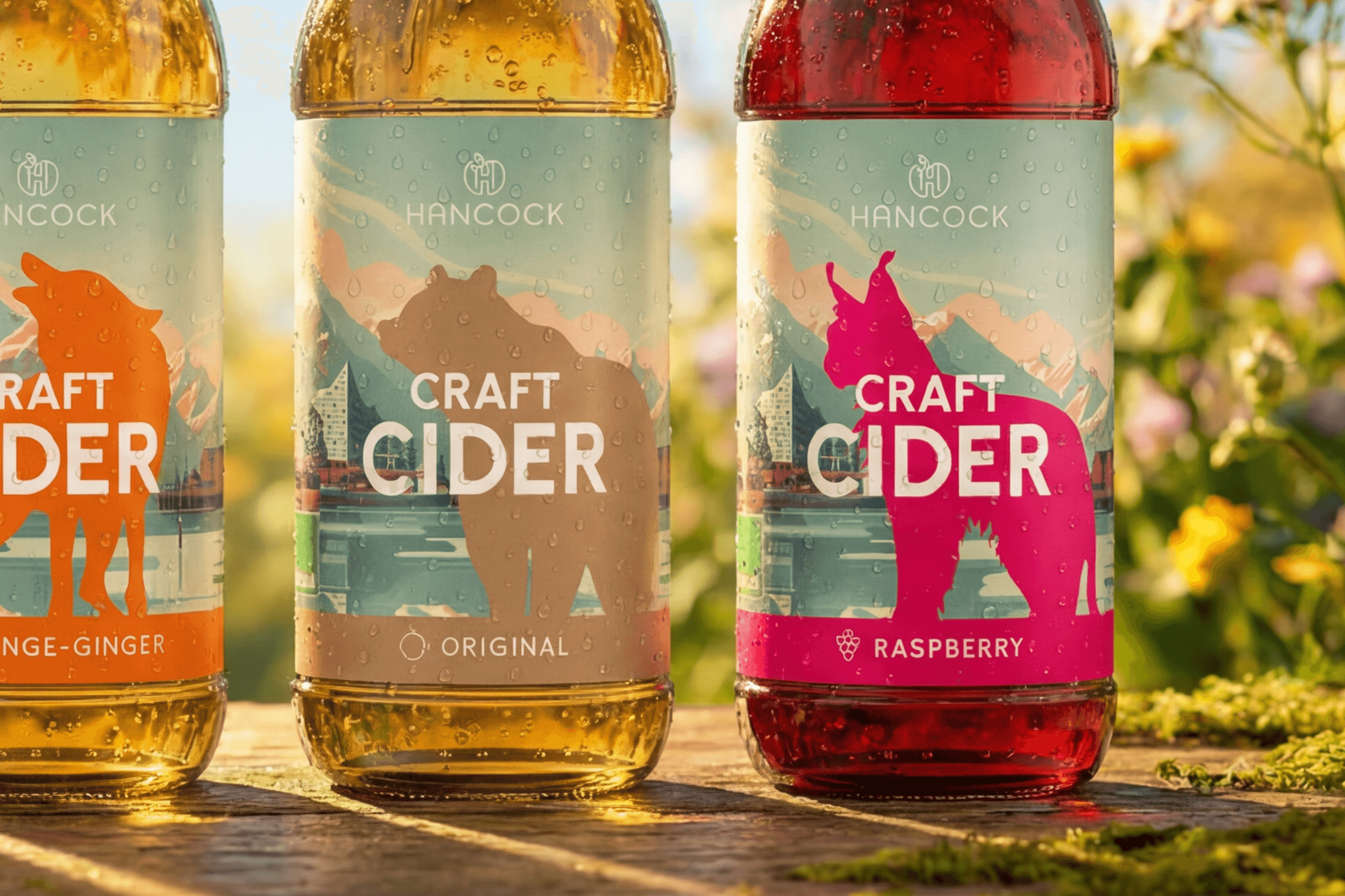 Hancock Craft Cider bottles with animal designs on labels.