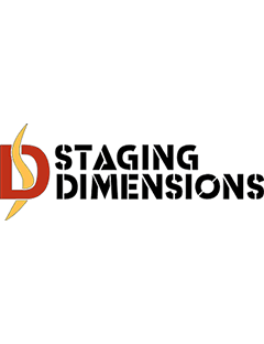 Staging Dimentions Logo - Red, Yellow, Black and White
